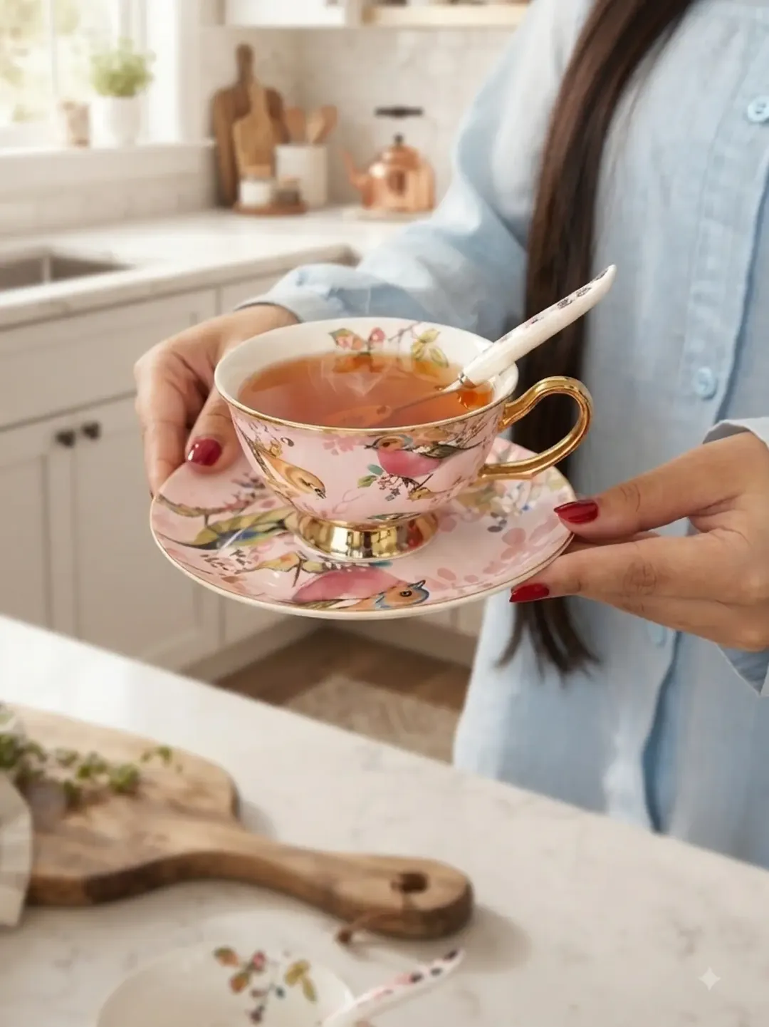 چایخوری طلاکوب طرح گنجشک